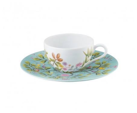Raynaud, Paradis, Moka cup white background and saucer turquoise background