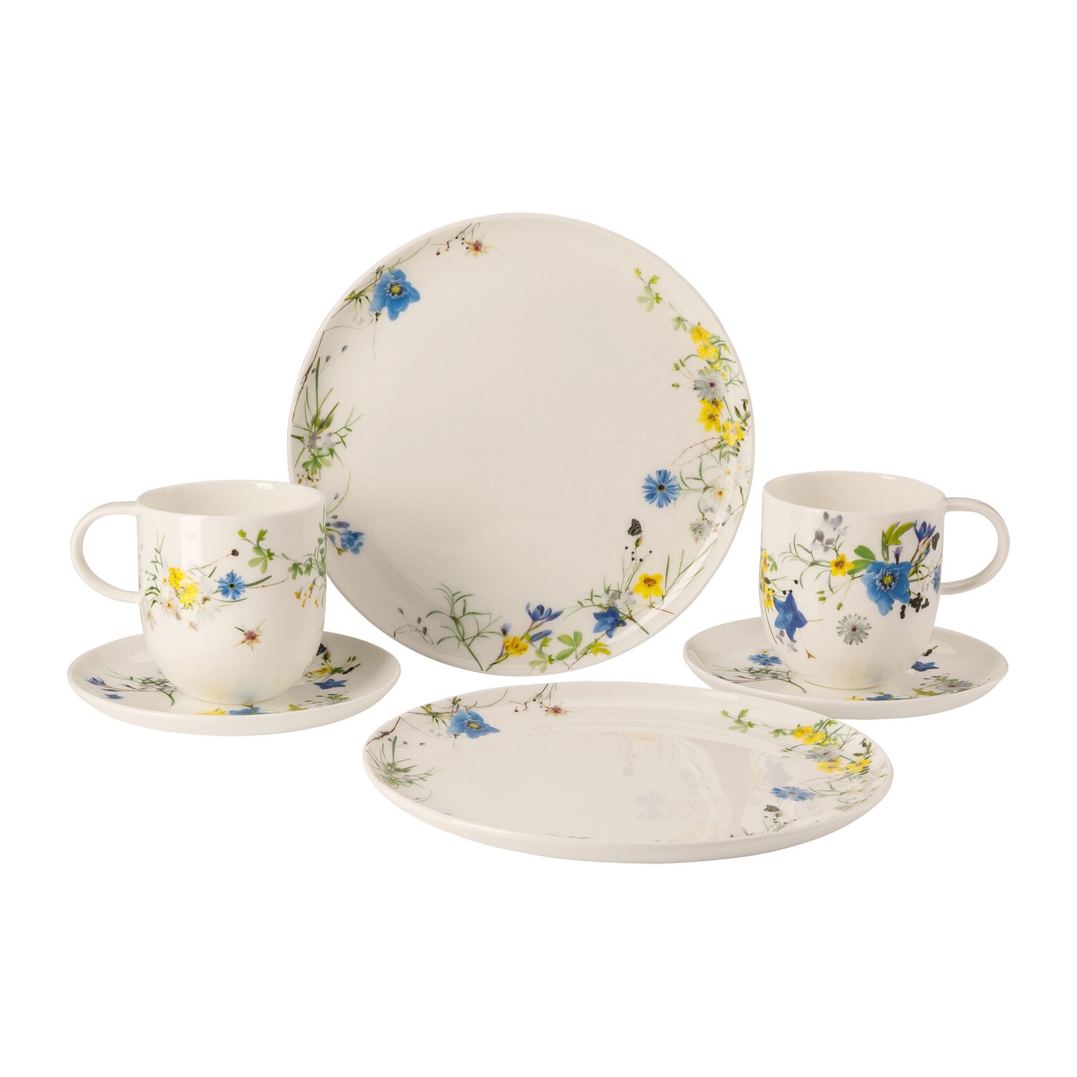 Rosenthal, Brillance Fleurs des Alpes, Set of 2 mugs with coupe saucers and 2 coupe plates