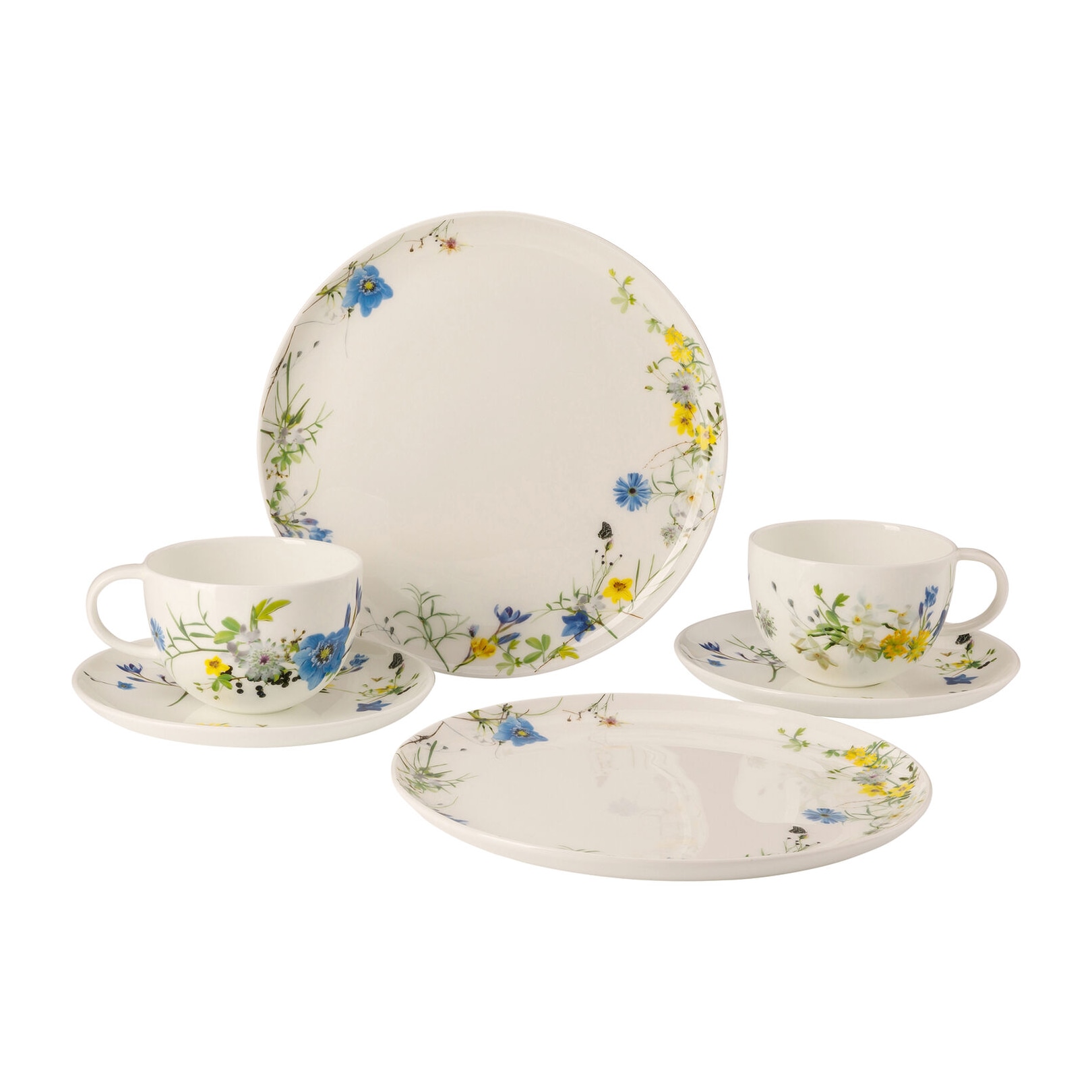 Rosenthal, Brillance Fleurs des Alpes, Set of 2 combi cups with saucers and 2 coupe plates