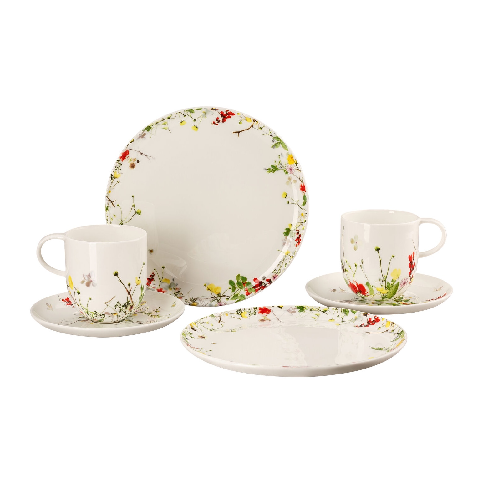 Rosenthal, Brillance Fleurs Sauvages, Set of 2 mugs with coupe saucers and 2 coupe plates