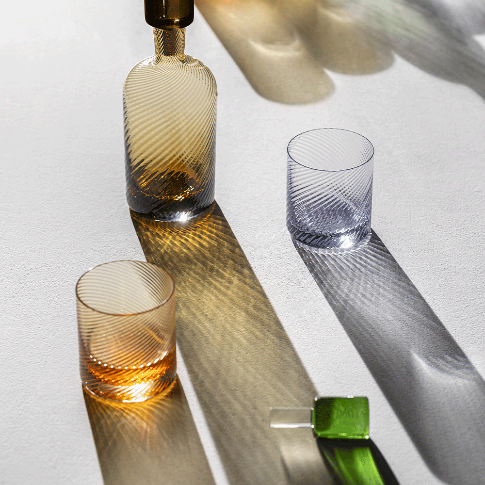 Nason Moretti, Borealis set, Bottle and 2 tumblers set, amber