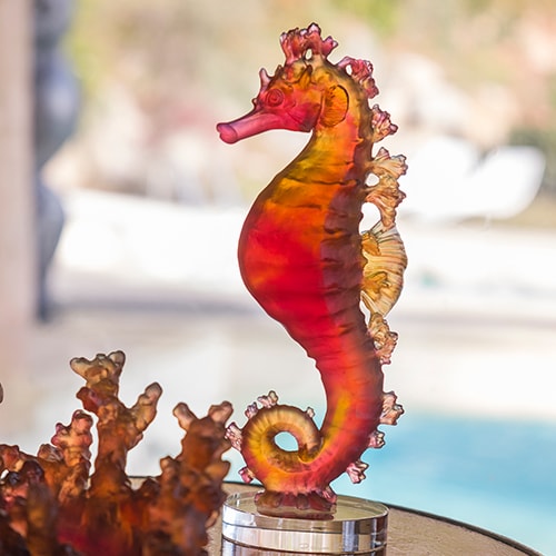 Daum, Mer de Corail sculptures, Amber red seahorse