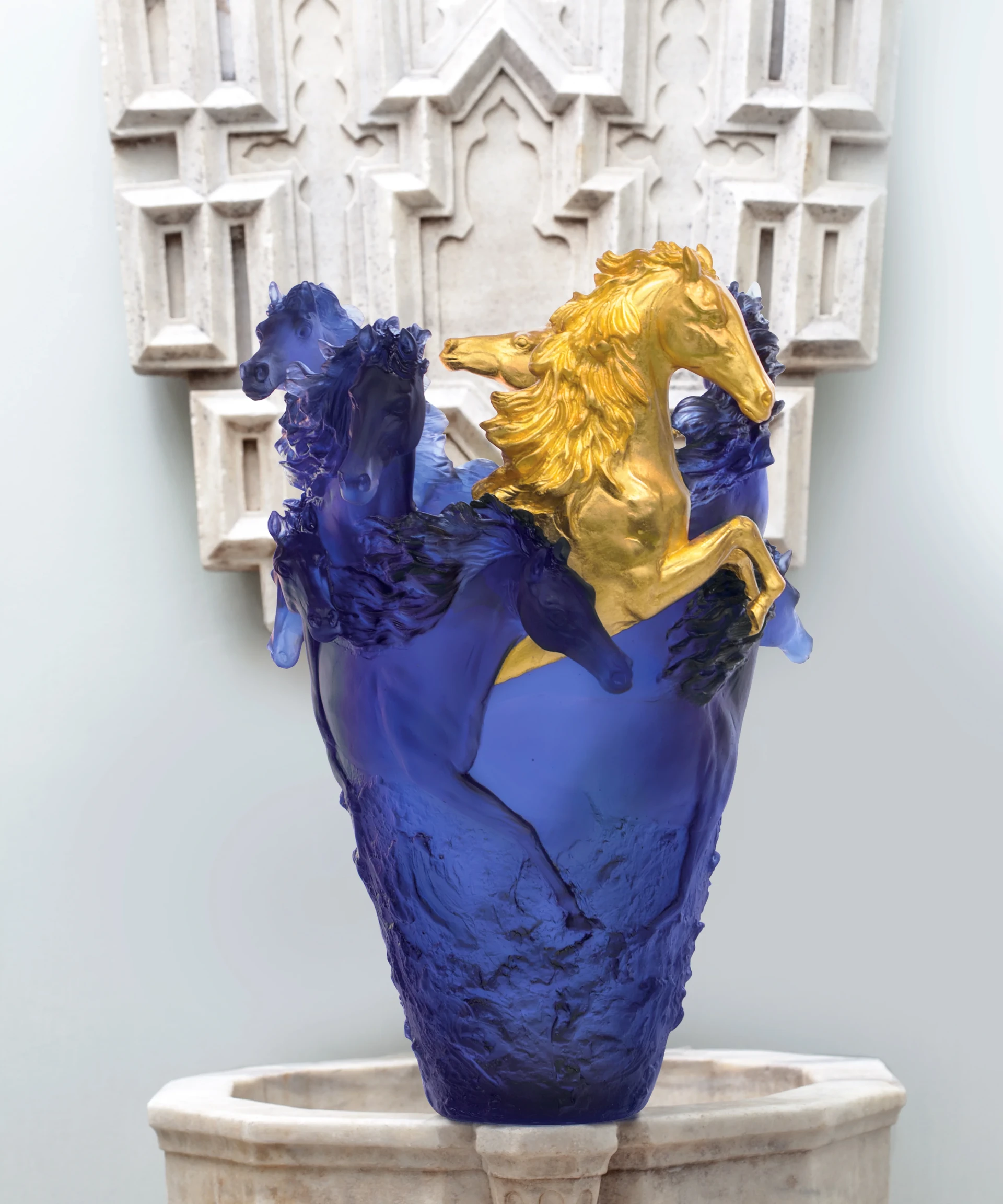 Daum, Cavalcade, Blue and gold finish magnum vase