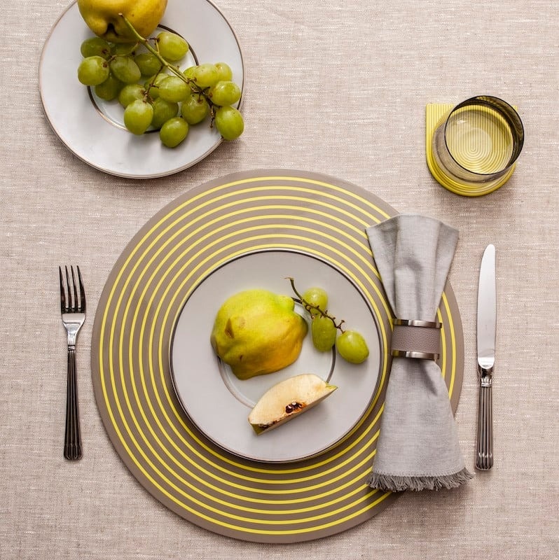 Von Gern Home, Stripe placemats and coasters, Round stripe placemat, gray & yellow