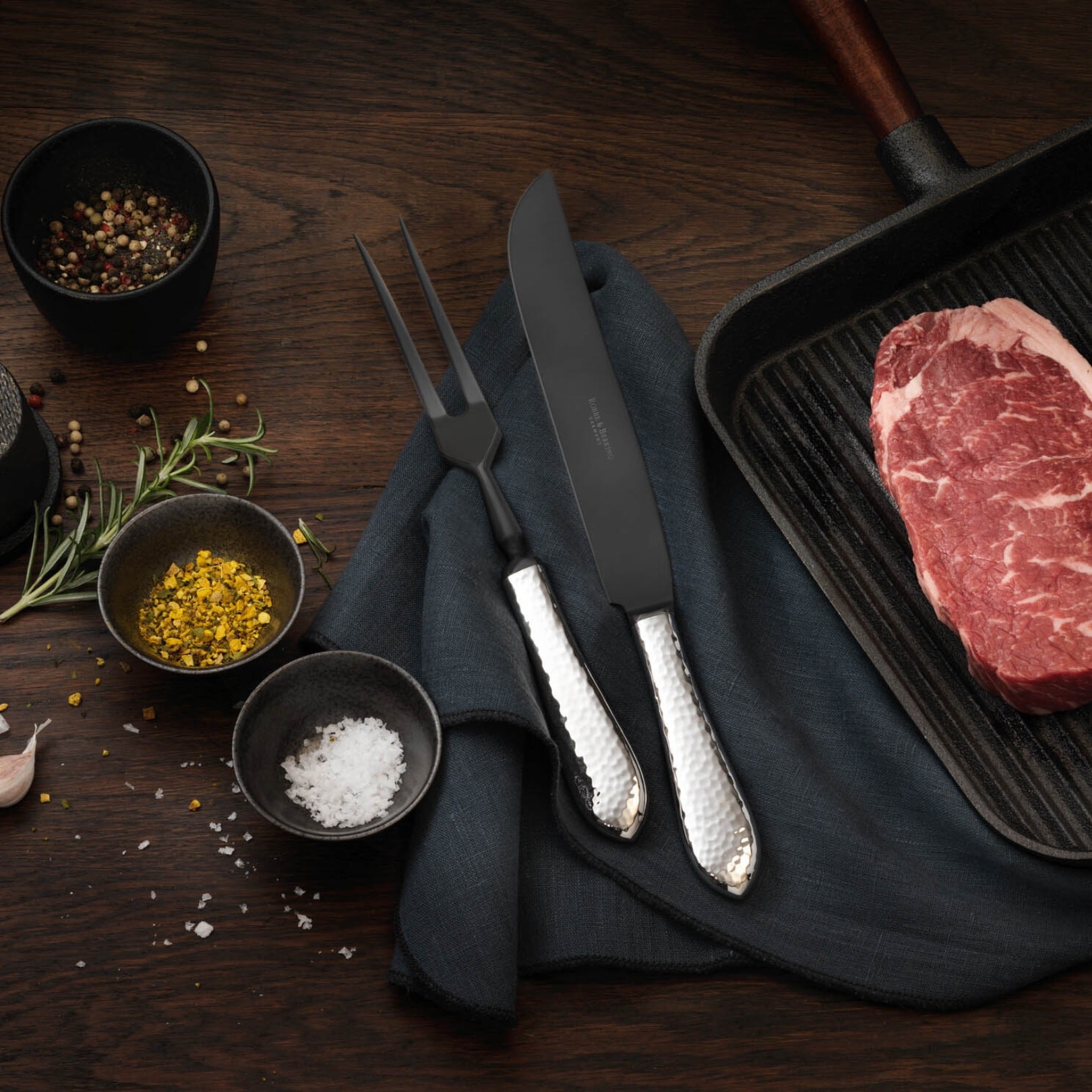 Robbe & Berking, Martelé cutlery, sterling silver, Carving set "frozen black" 2 pcs.