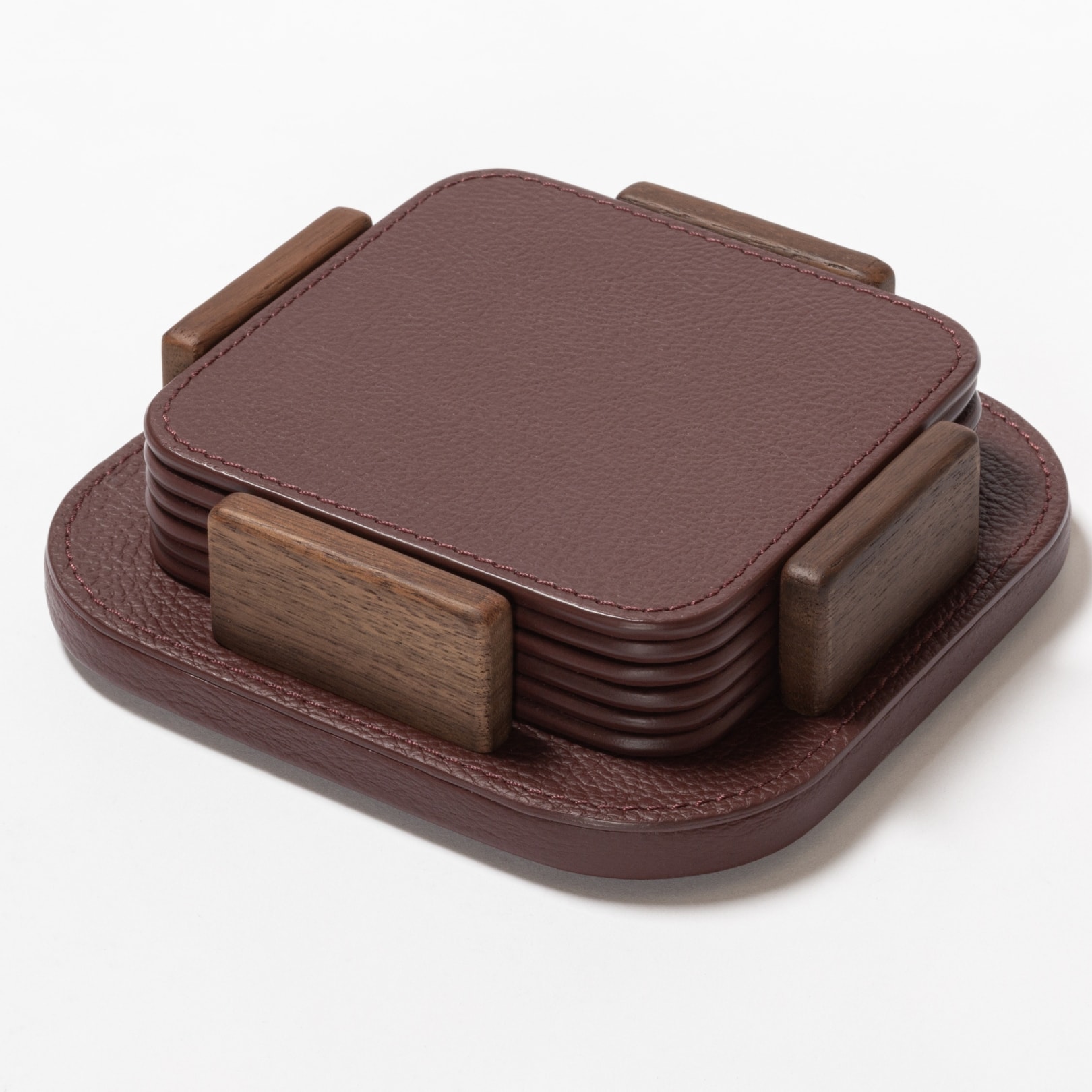 Poltrona Frau, Table accessories, Coaster holder with 6 coasters, burgundy