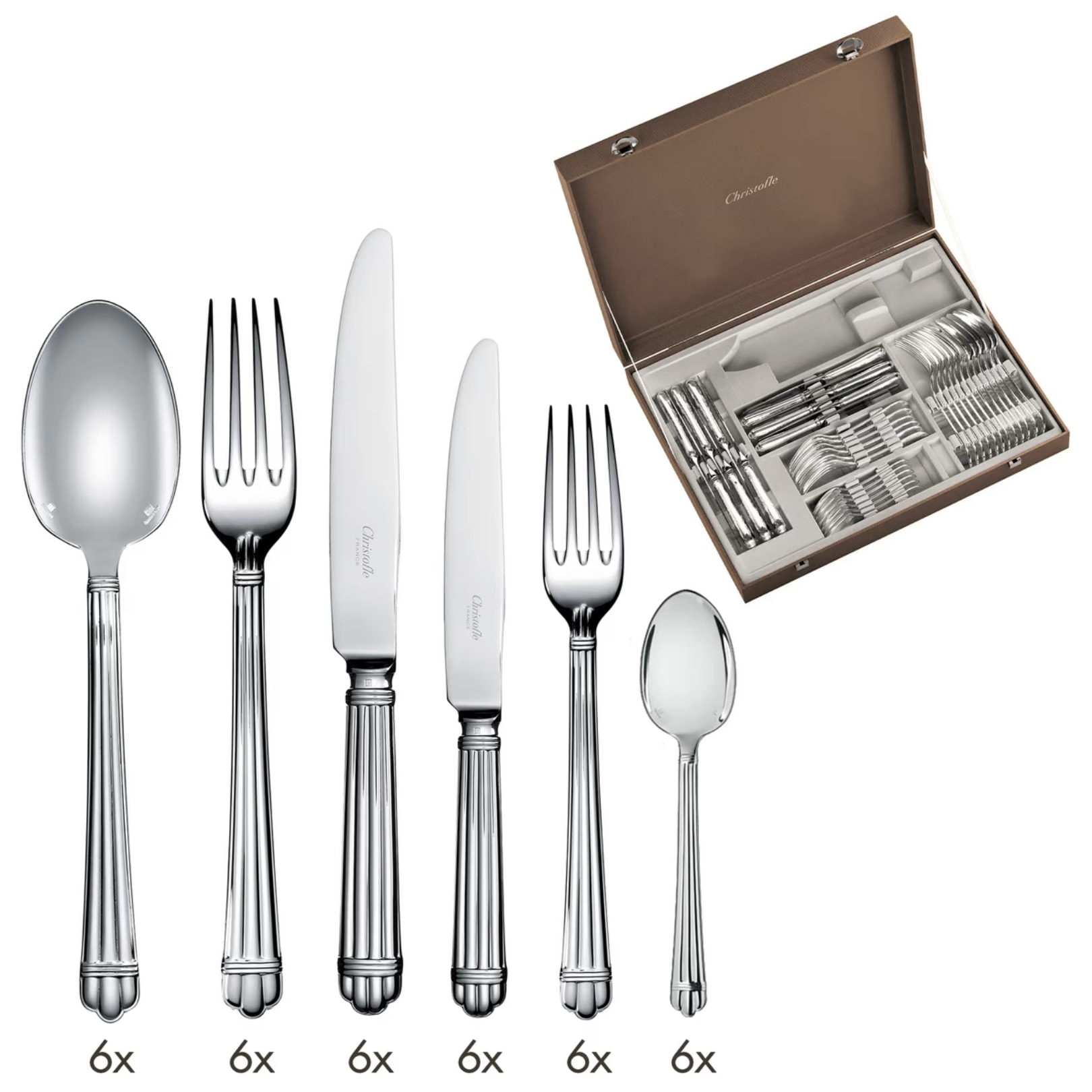 Christofle, Aria cutlery, sterling silver, Flatware set for 6 people (36 pieces) with chest
