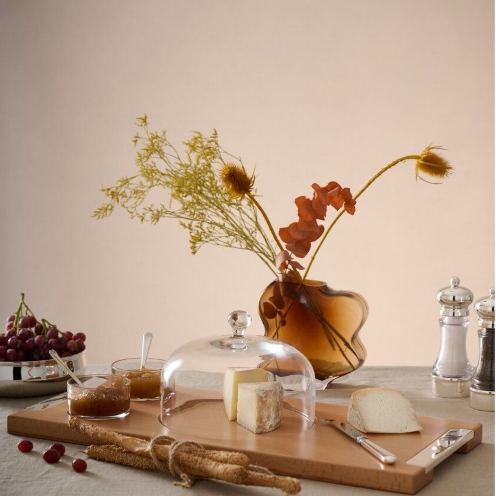 Schiavon, Essentia table accessories, silver plated, Wooden cheese set with board, dome and bowls